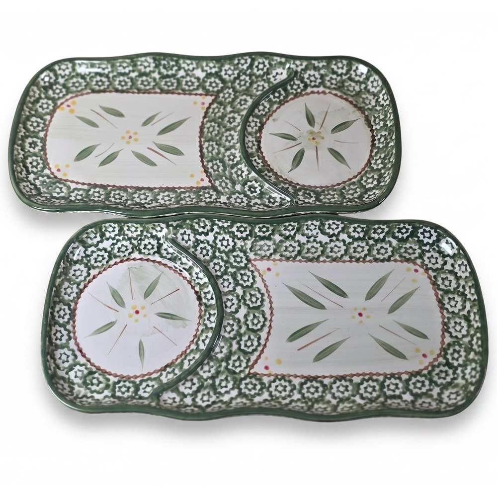 Temp-tations By Tara Old World Green Snack Plates Set 2 Chip Dip Serving Tr